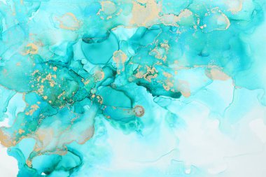 Alkol mürekkebi, mavi ve altın rengi olan soyut akışkan sanat resimlerinin sanat fotoğrafçılığı