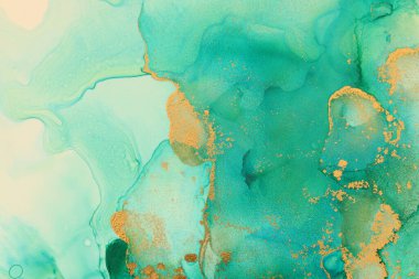 Alkol mürekkebi, mavi ve altın rengi olan soyut akışkan sanat resimlerinin sanat fotoğrafçılığı