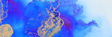 Alkol mürekkebi, mavi ve altın rengi olan soyut akışkan sanat resimlerinin sanat fotoğrafçılığı