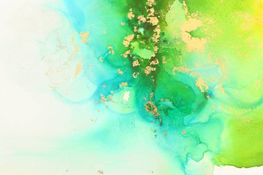 Alkol mürekkebi, mavi, yeşil ve altın rengi olan soyut sıvı sanat resimlerinin sanat fotoğrafçılığı