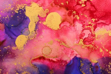 Alkol mürekkebi, mavi, kırmızı ve altın rengi olan soyut akışkan sanat resimlerinin sanat fotoğrafçılığı