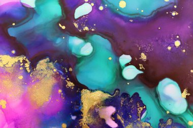 Alkol mürekkebi, mavi, mor, yeşil ve altın rengi olan soyut sıvı sanat resimlerinin sanat fotoğrafçılığı