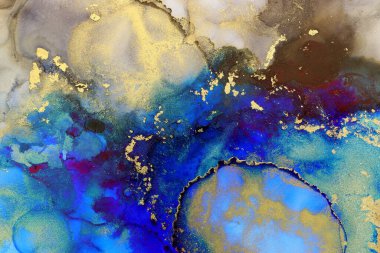 Alkol mürekkebi, mavi, siyah ve altın rengi olan soyut sıvı sanat resimlerinin sanat fotoğrafçılığı