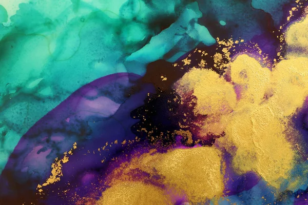 art photography of abstract fluid painting with alcohol ink, blue, purple, green and gold colors