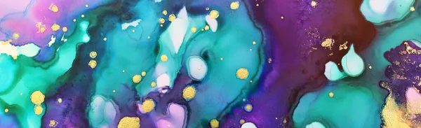 art photography of abstract fluid art painting with alcohol ink, blue, purple, green and gold colors