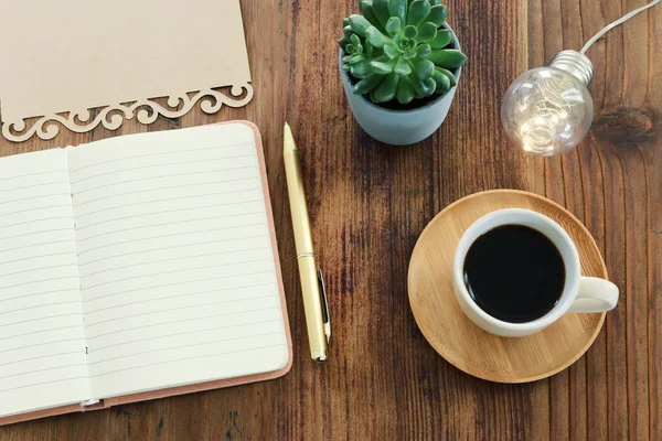 Top View Image Open Notebook Blank Pages Next Cup Coffee — Stock Fotó