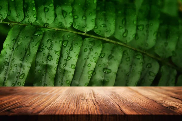 Wooden Table Front Tropical Green Floral Background Product Display Presentation — Stock Photo, Image