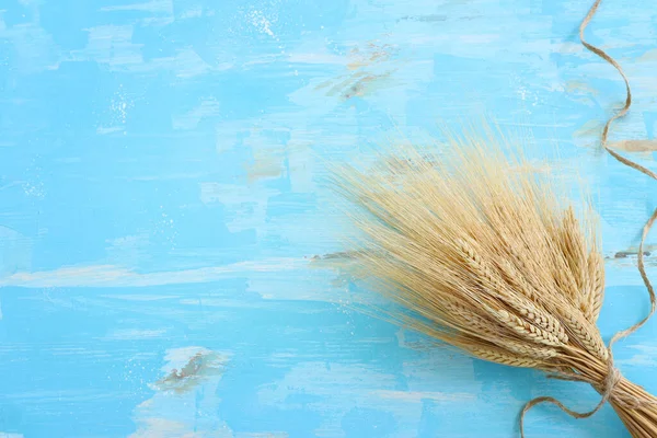 Ansicht Von Weizenpflanzen Über Blauem Holzgrund Symbole Des Jüdischen Feiertags — Stockfoto