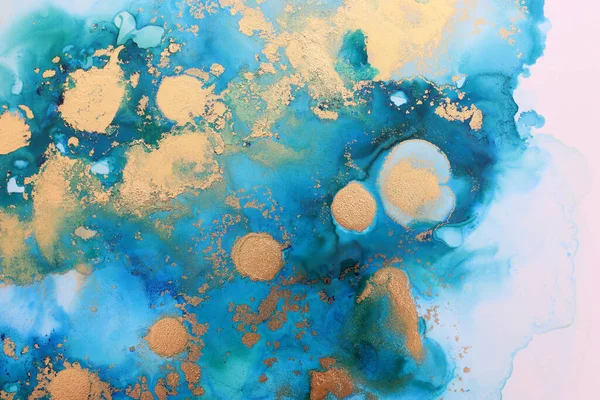 Arte Fotografía Pintura Fluida Abstracta Con Tinta Alcohol Azul Oro — Foto de Stock