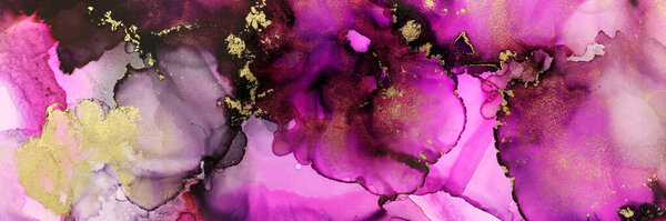 Art photography of abstract fluid art painting with alcohol ink, pink, purple and gold colors