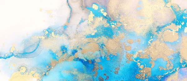 酒精油墨 蓝色和金色抽象流体画艺术摄影 — 图库照片