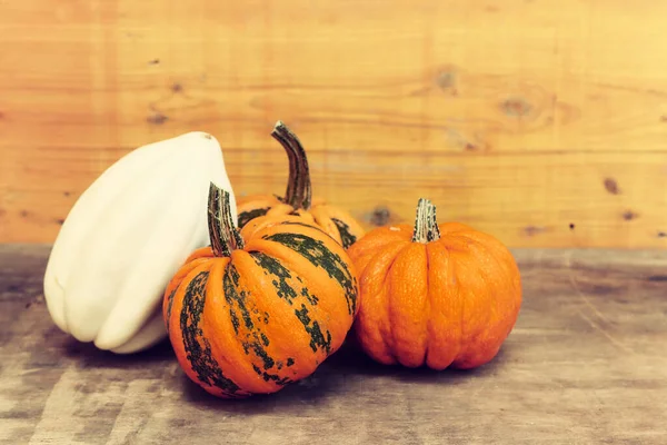 Différents Types Citrouilles Sur Une Vieille Table Bois — Photo