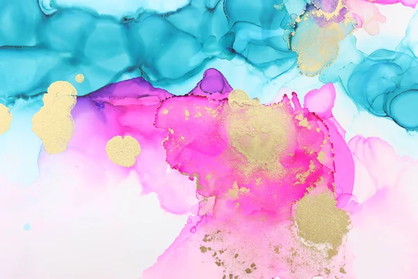 art photography of abstract fluid painting with alcohol ink, blue, pink and gold colors