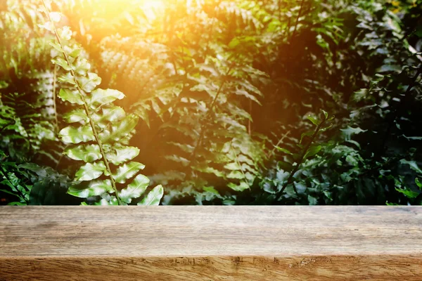 Wooden Table Front Tropical Green Floral Background Product Display Presentation — Stock Photo, Image