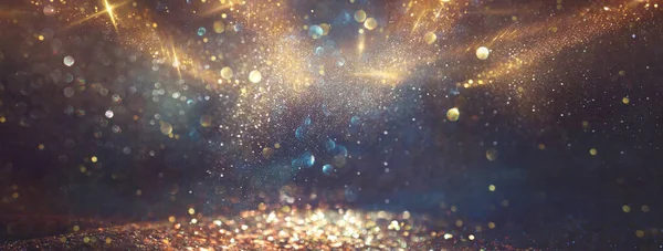 Sfondo Luci Glitter Astratte Oro Blu Nero Focalizzata — Foto Stock