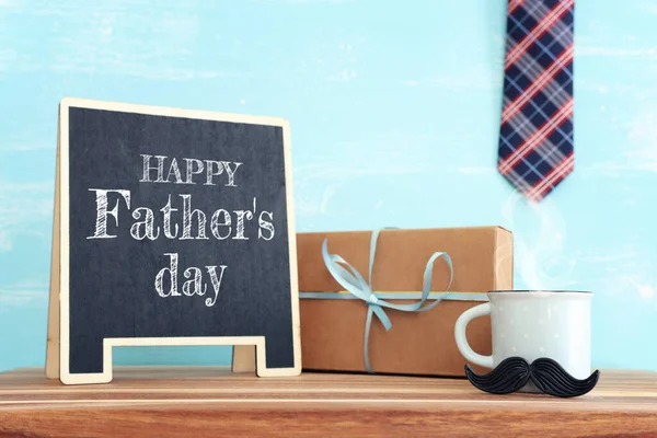 Image Fathers Day Composition Hot Cup Coffee Blackboard Table — Stock Photo, Image