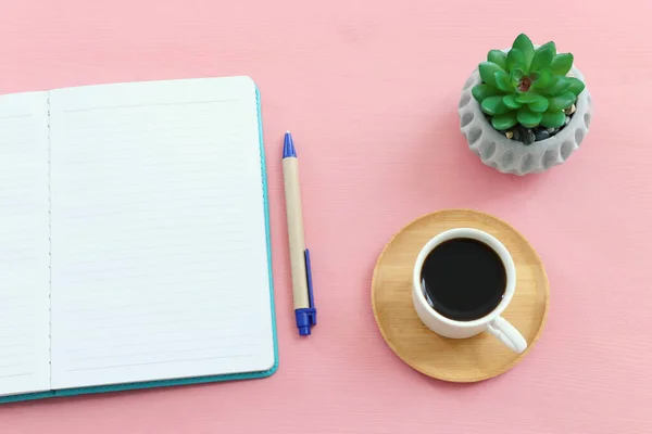 Top View Image Open Notebook Blank Pages Wooden Table Ready — Stock Photo, Image