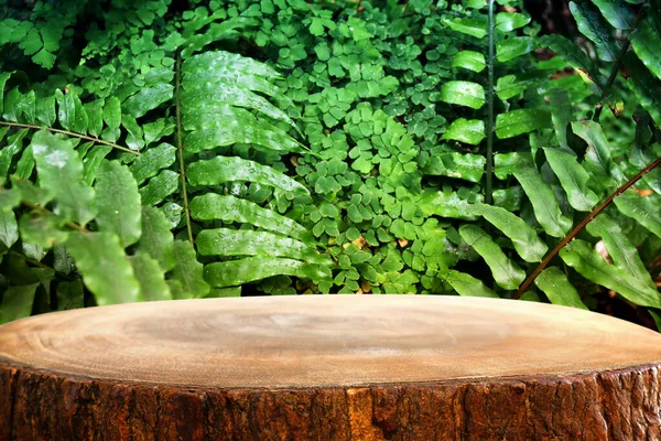 Tropik Yeşil Çiçek Arkaplanının Önündeki Ahşap Masa Ürün Gösterimi Sunumu — Stok fotoğraf