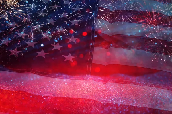 Amerikaanse Vlag Met Glitter Bokeh Achtergrond Vuurwerk — Stockfoto