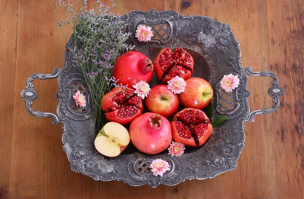 Rosh Hashanah Židovský Nový Rok Dovolená Koncept Granátová Jablka Jablečné — Stock fotografie