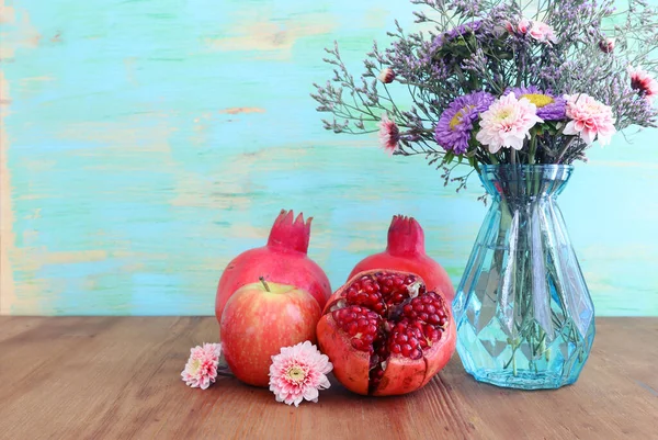 Rosh Hashanah Εβραϊκή Πρωτοχρονιά Διακοπών Έννοια Σύμβολα Ακτινοβολίας Ροδιού Και — Φωτογραφία Αρχείου