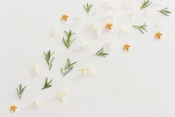 Top View Image Flowers Composition White Wooden Background Flat Lay — Stock Photo, Image