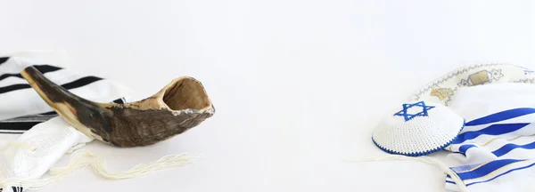 Religião Imagem Shofar Chifre Talit Oração Branca Rosh Hashanah Feriado — Fotografia de Stock