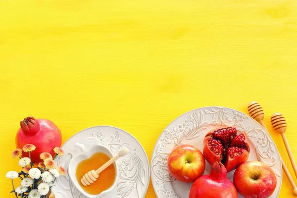 Rosh Hashanah Judisk Nyårshelg Koncept Traditionella Symboler — Stockfoto