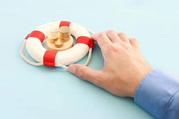 Concept Image Lifebuoy Stack Coins Idea Metaphor Financial Support Times — Stock Photo, Image