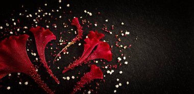 Siyah arkaplan üzerinde kabarık kırmızı çiçeğin üst görünüm yakın plan resmi