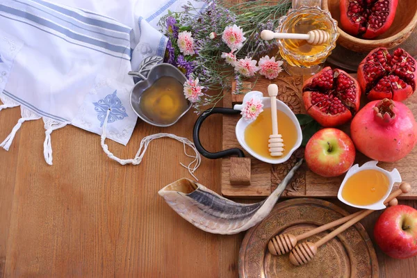 Rosh Hashanah Feriado Ano Novo Judaico Conceito Símbolos Tradicionais — Fotografia de Stock