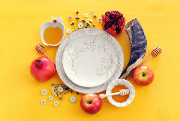 Rosh Hashanah Judisk Nyårshelg Koncept Traditionella Symboler — Stockfoto