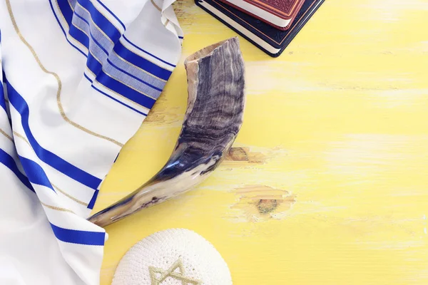 Religion Image Shofar Corne Sur Talit Prière Blanche Rosh Hashanah — Photo