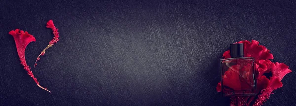 Вид Сверху Элегантный Флакон Духов Красными Цветами Черном Фоне Косметика — стоковое фото