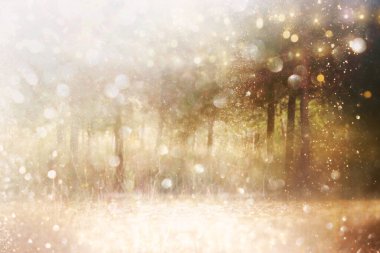 Ağaçlar arasında ışık patlaması ve parlak altın bokeh ışıklarının bulanık fotoğrafı.