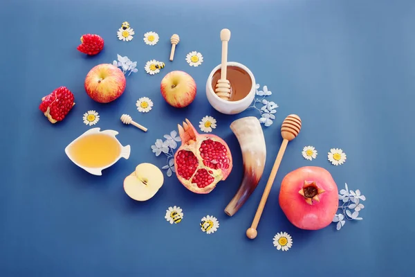 Rosh Hashanah Judisk Nyårshelg Koncept Traditionella Symboler — Stockfoto