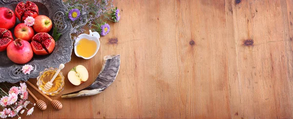 Rosh Hashanah Yahudi Yeni Yıl Tatili Konsepti Geleneksel Semboller — Stok fotoğraf