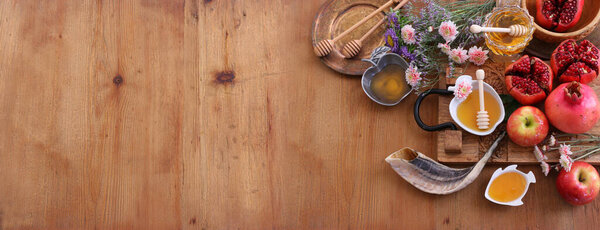 Rosh hashanah (jewish New Year holiday) concept. Traditional symbols