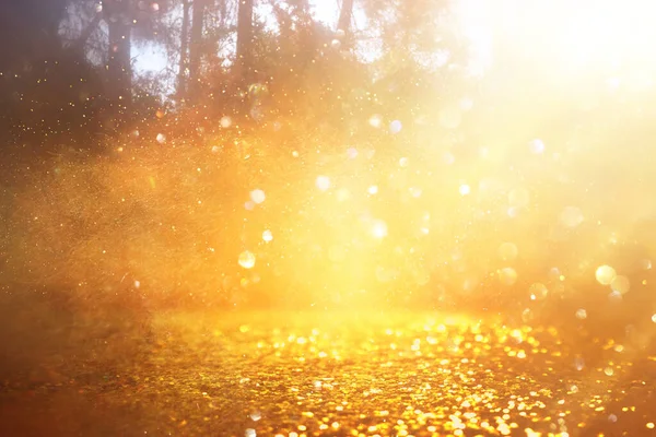 Ağaçlar Arasında Işık Patlaması Parlak Altın Bokeh Işıklarının Bulanık Fotoğrafı — Stok fotoğraf