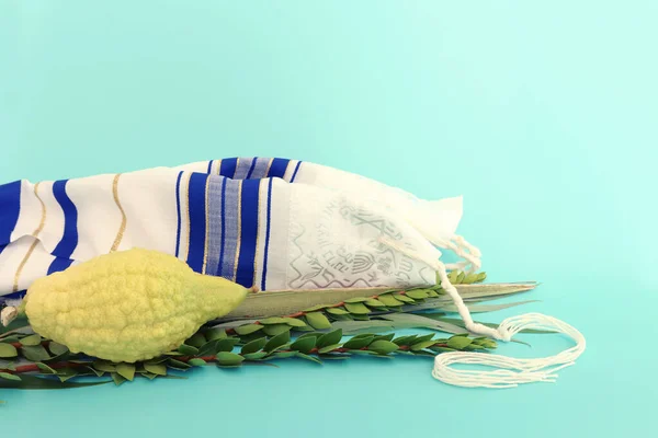 Jewish Festival Sukkot Traditional Symbols Four Species Etrog Citron Lulav — Stock Photo, Image