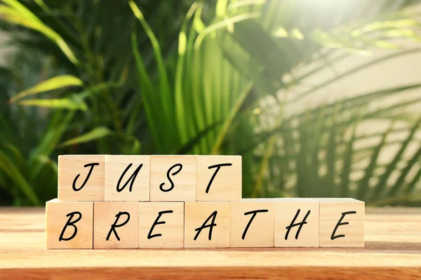 Bloques Madera Con Texto Respira Sobre Fondo Floral Verde — Foto de Stock