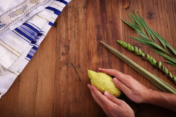 Joods Festival Van Sukkot Traditionele Symbolen Vier Soorten Etrog Citron — Stockfoto