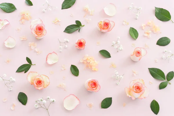 Pastel Delicate Background Pink Roses Petals Top View — Stock Photo, Image