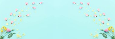 Pastel mavi arkaplan üzerinde pembe, sarı ve mor çiçek kompozisyonu.