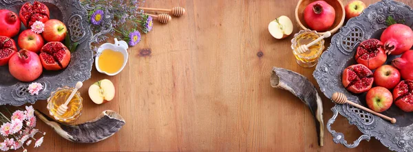 Rosh Hashanah Judisk Nyårshelg Koncept Traditionella Symboler — Stockfoto