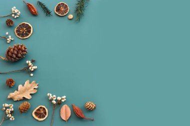 Yeşil zemin üzerinde sonbahar ormanlarının doğal bileşiminin en üst görüntüsü yatıyordu.