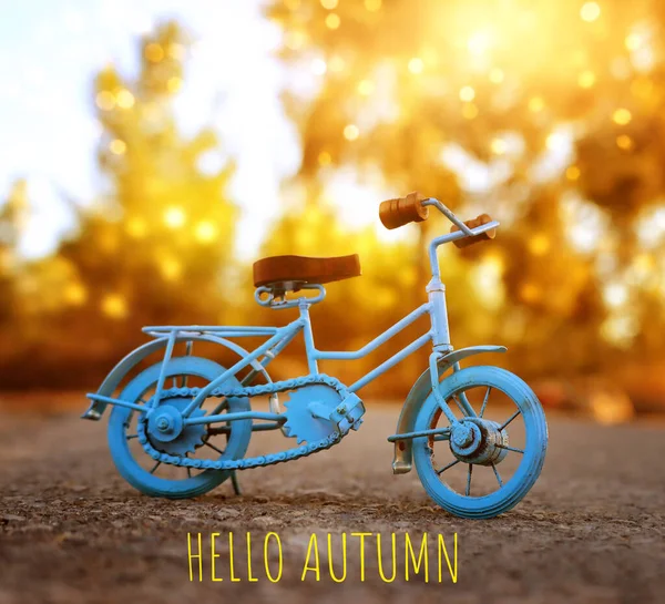 Brinquedo Bicicleta Vintage Azul Esperando Livre Pôr Sol Luz — Fotografia de Stock