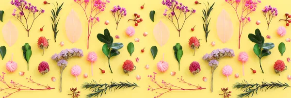 Ovanifrån Bild Rosa Lila Och Gröna Blommor Sammansättning Över Pastellgul — Stockfoto