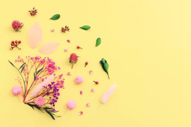 Sarı arkaplan üzerinde pembe, mor ve yeşil çiçek kompozisyonu üst görünüm .Düz yatıyordu