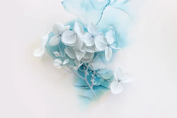 Δημιουργική Εικόνα Από Παστέλ Μπλε Λουλούδια Ορτανσία Καλλιτεχνικό Φόντο Μελάνι — Φωτογραφία Αρχείου